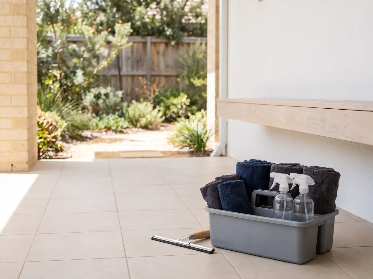 A cleaning caddy with cloths and spray bottles and a window squeegee on a verandah