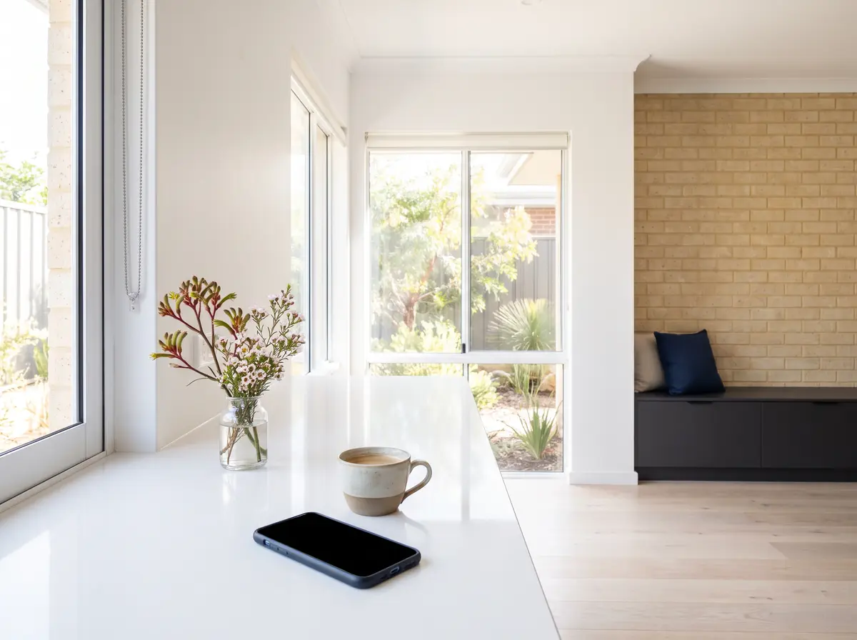A phone and a cup of coffee on a kitchen bench by a window
