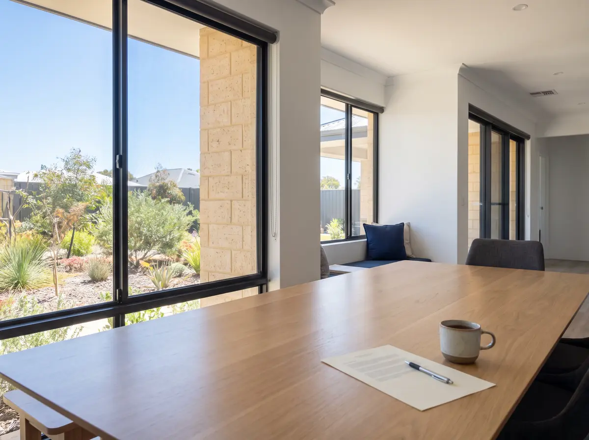 A paper form, a pen and a cup of tea on a dining table by a window
