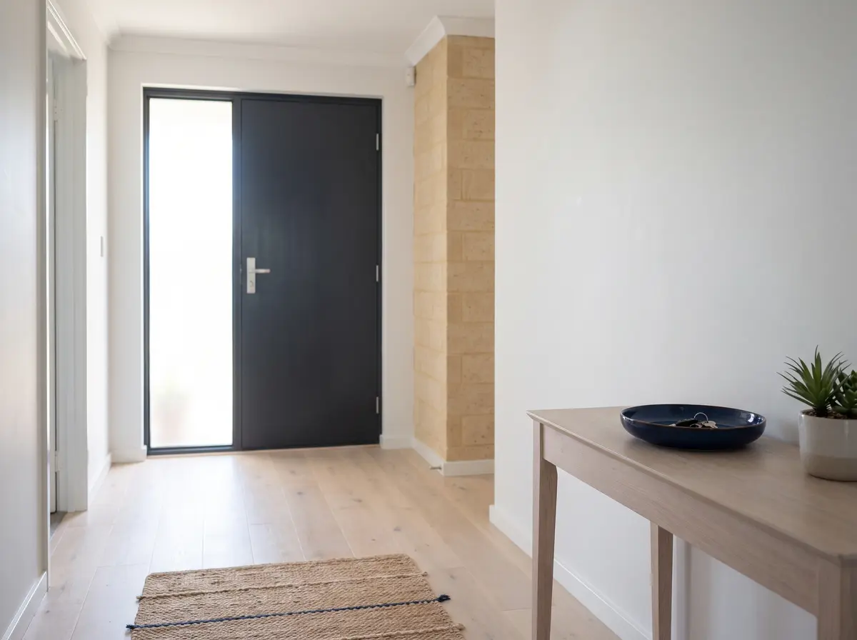 An entry hall with a charcoal front door and a frosted glass panel