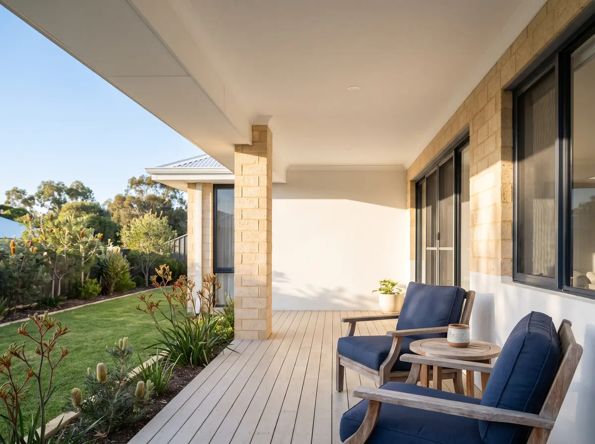 Two outdoor chairs on a back verandah looking over a garden