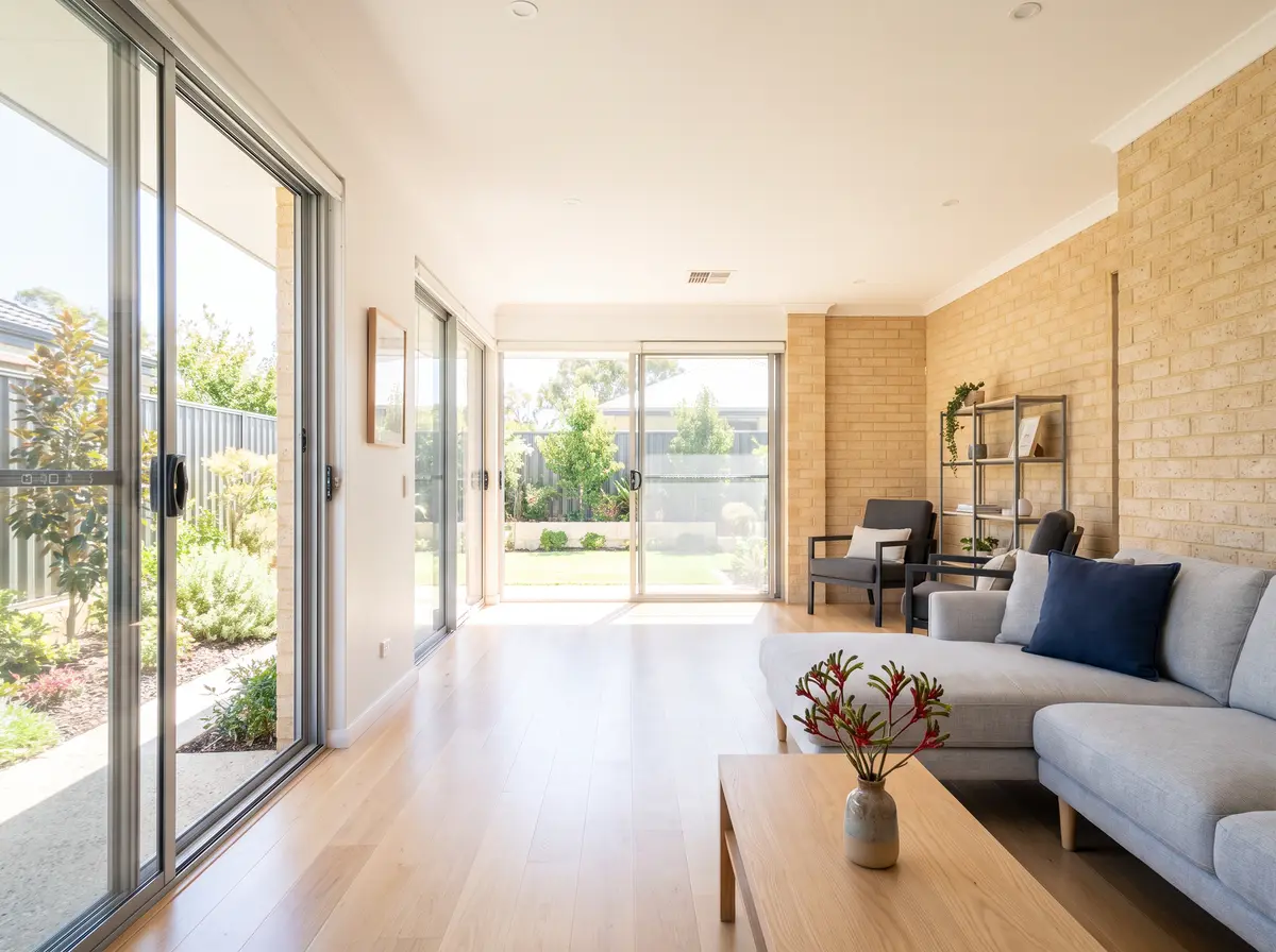 A bright, tidy living room with a grey sofa, a timber floor and glass doors onto a garden