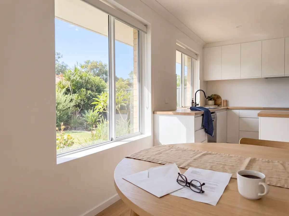 A kitchen table by a sunny window with an opened envelope, reading glasses and a mug of tea