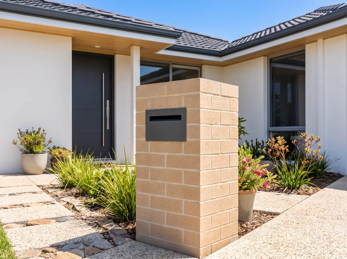 A brick letterbox beside the front path of a single-storey home