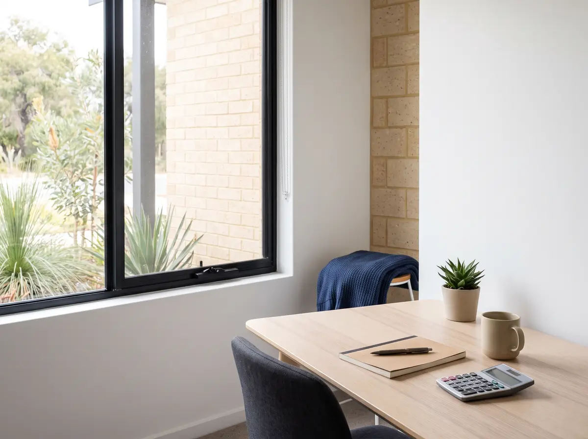 A calculator, a notebook and a mug on a timber desk by a window