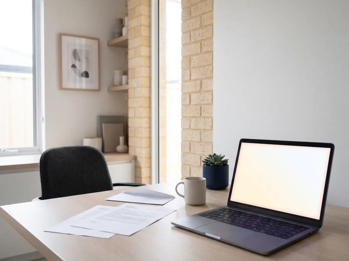 An open laptop, two printed pages and an envelope on a home desk