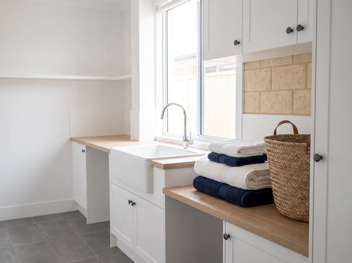 Folded towels and a woven basket on a bench beside a laundry trough
