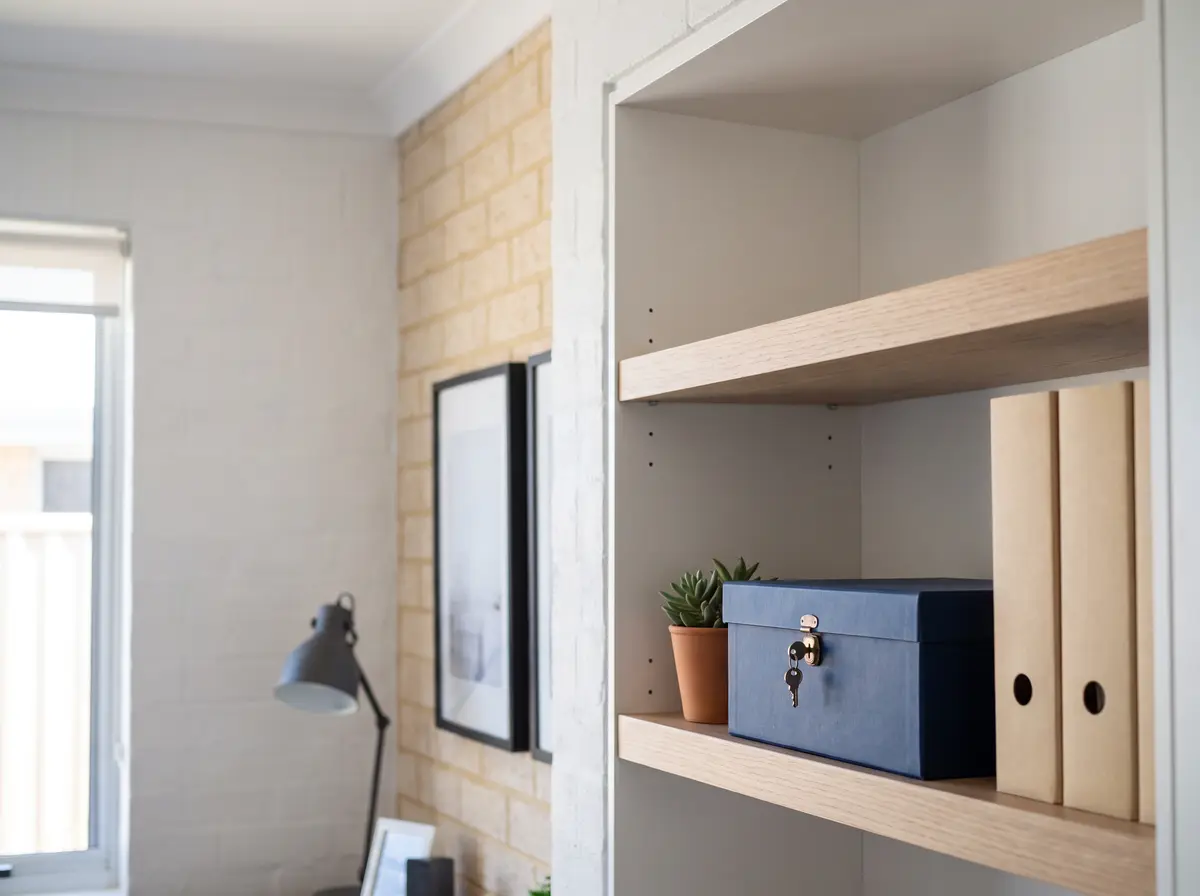 A navy document box with a lock and key on a shelf beside plain folders