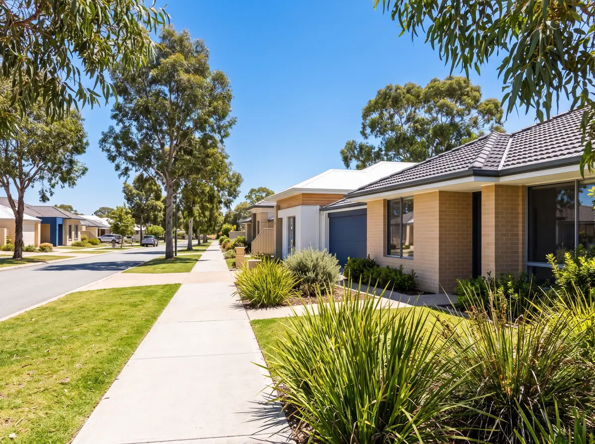 A quiet suburban street of single-storey homes and tall gum trees