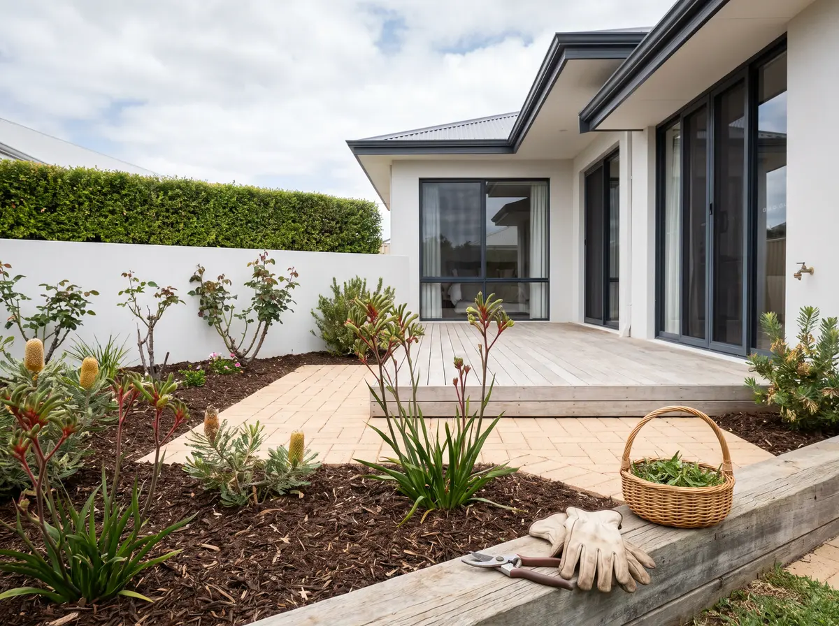 Freshly mulched garden beds of native plants beside a paved path and a timber deck, with secateurs and gloves on a timber edge