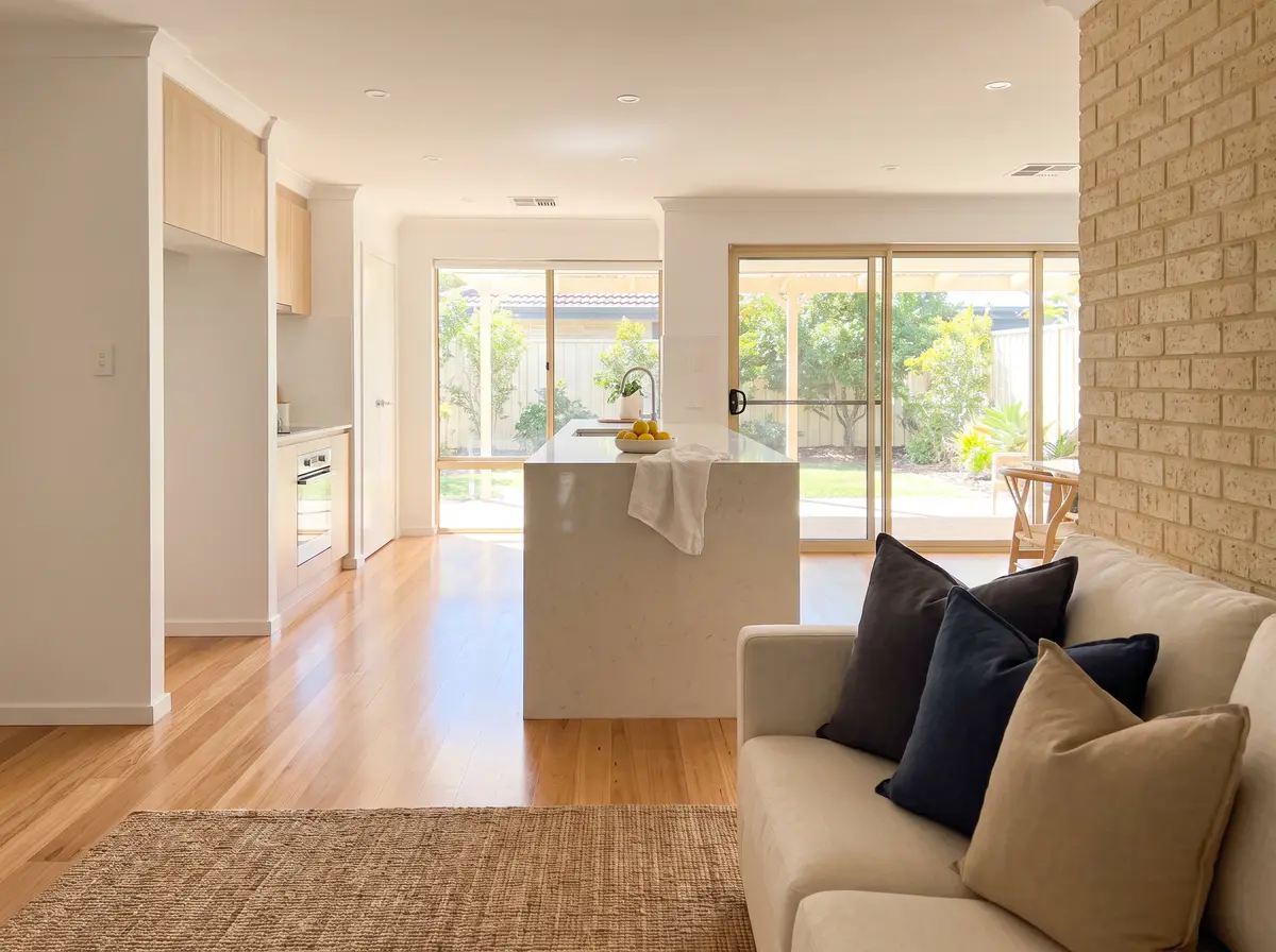 A freshly cleaned open-plan kitchen and living room with a white stone island, a timber floor and a jute rug