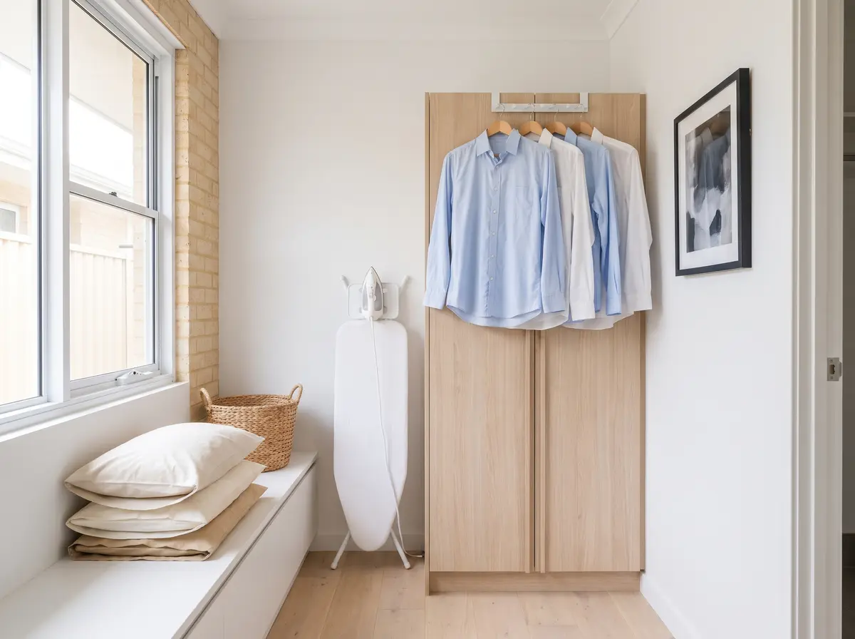 Pressed blue and white shirts on timber hangers beside an ironing board in a bright laundry nook