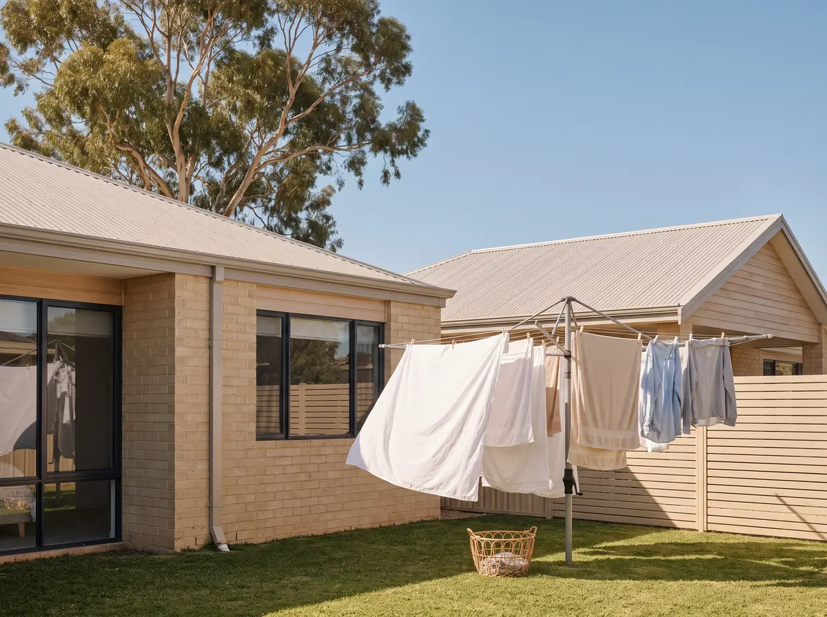 Sheets, towels and shirts drying on a rotary clothesline in the backyard of a single-storey brick home