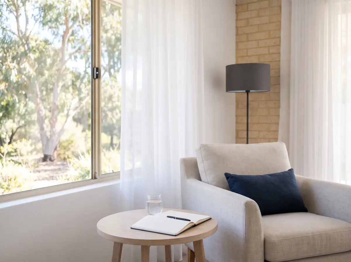 An open diary and a pen on a side table beside an armchair by a window