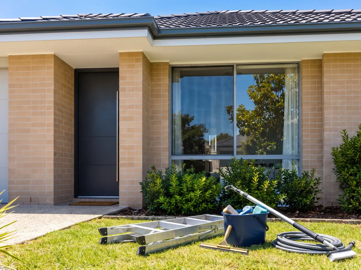 A folded ladder, a bucket and window cleaning gear on the lawn of a single-storey home